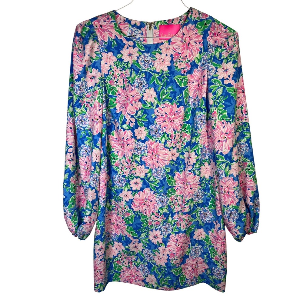Lilly Pulitzer Shift Dress Womens 6 Blue Pink Excellent Floral Long Sleeve Mini